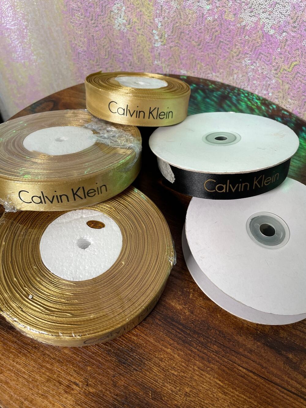 NEW Calvin Klein Spool Gold Black Satin Grosgrain Satin Ribbon 1" Wide - 5 Pack